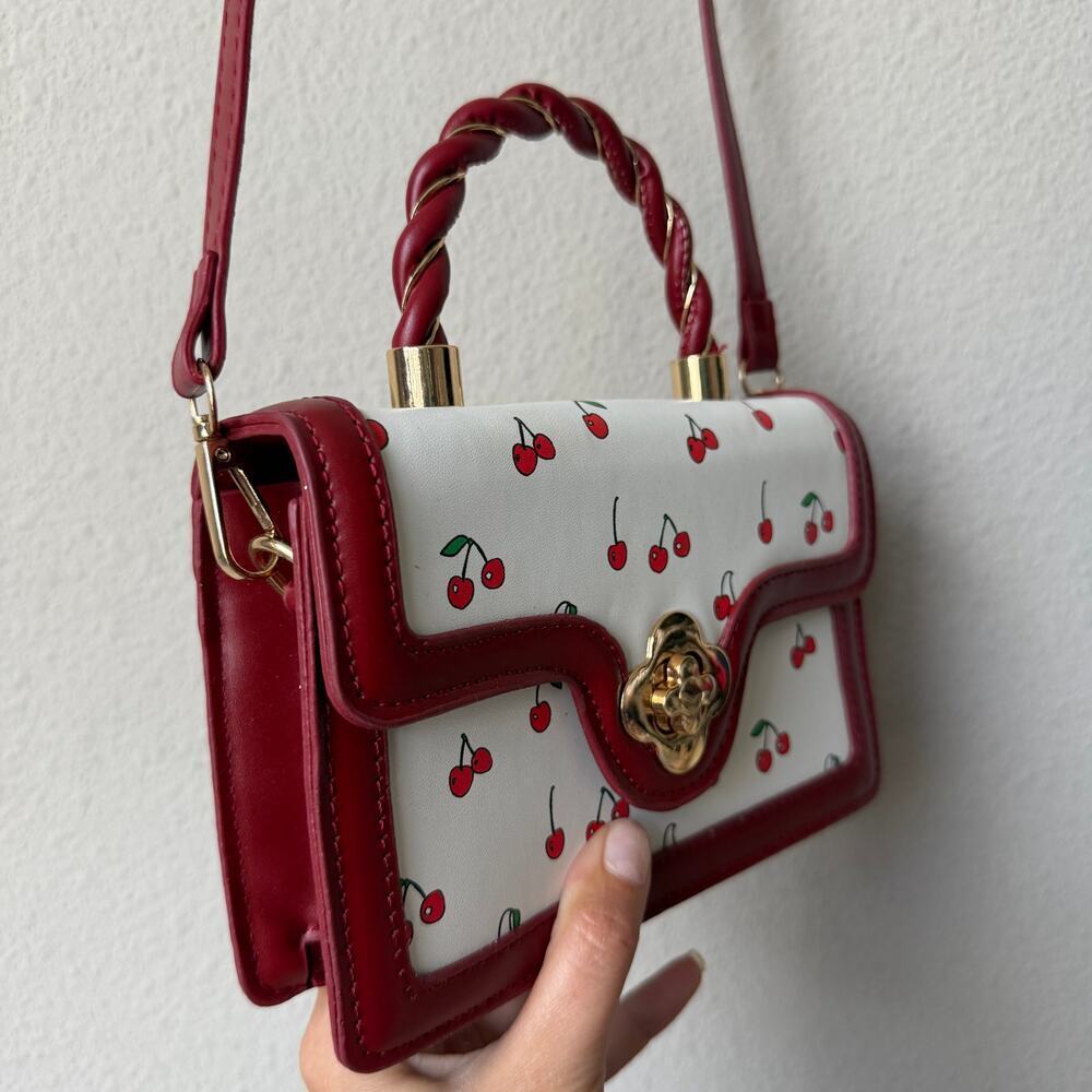 Cherry Print Top Handle Crossbody Handbag in Red White NEW - Picture 3 of 8